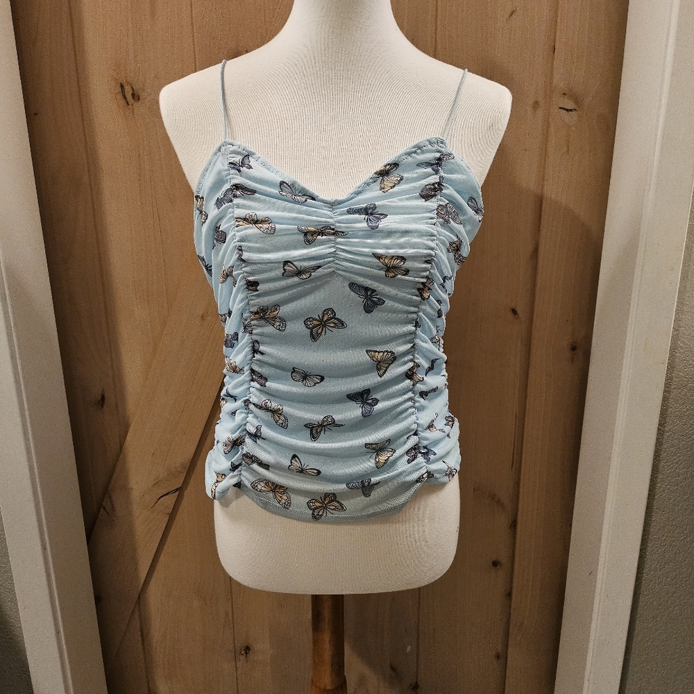 Ruched blue butterfly NOBO spaghetti strap top